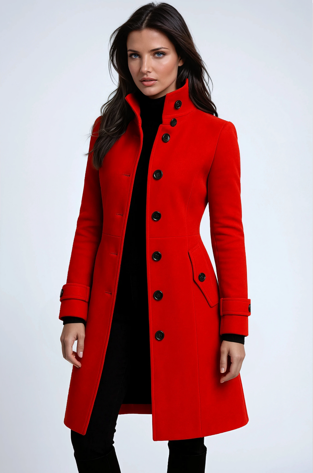 Trench winter coat with high collar