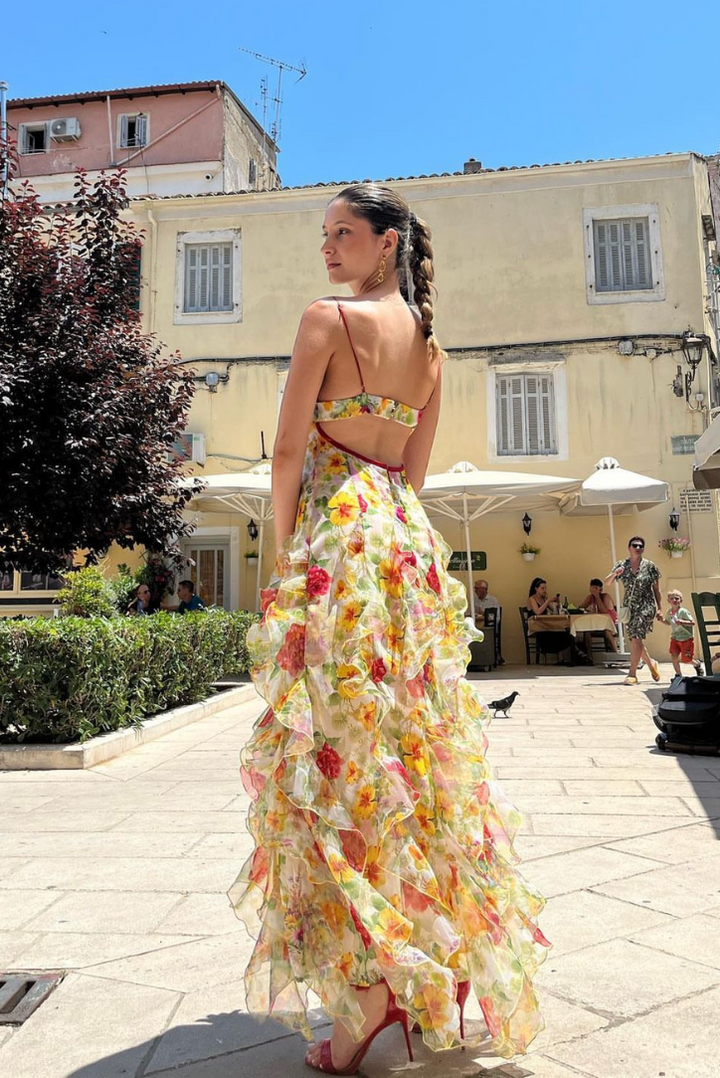 Oceana | Chiffon Rose Print Slit Maxi Dress