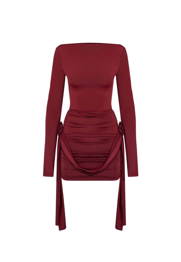 Evelyne - Boat-Neck Mini Garnet Dress