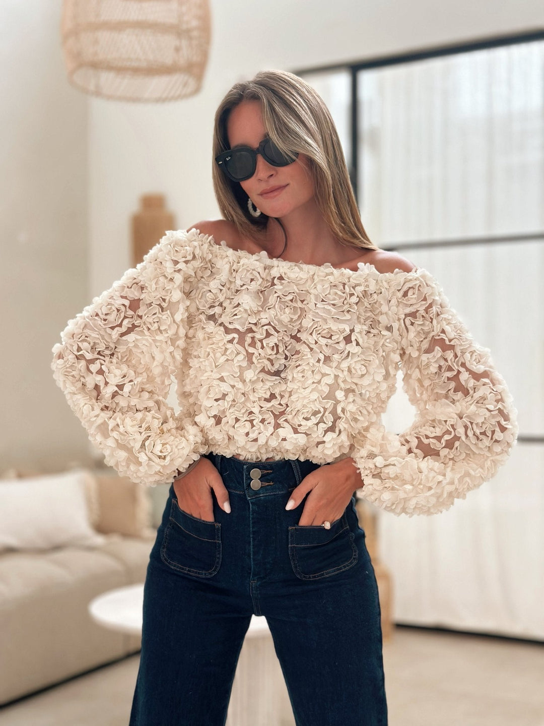 Reanne - Off-Shoulder Rose Textured Top